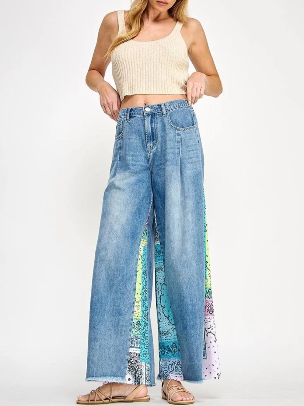 Sage & Fig Wide Leg Denim Jeans with Pastel Bandana Inset - Light Blue